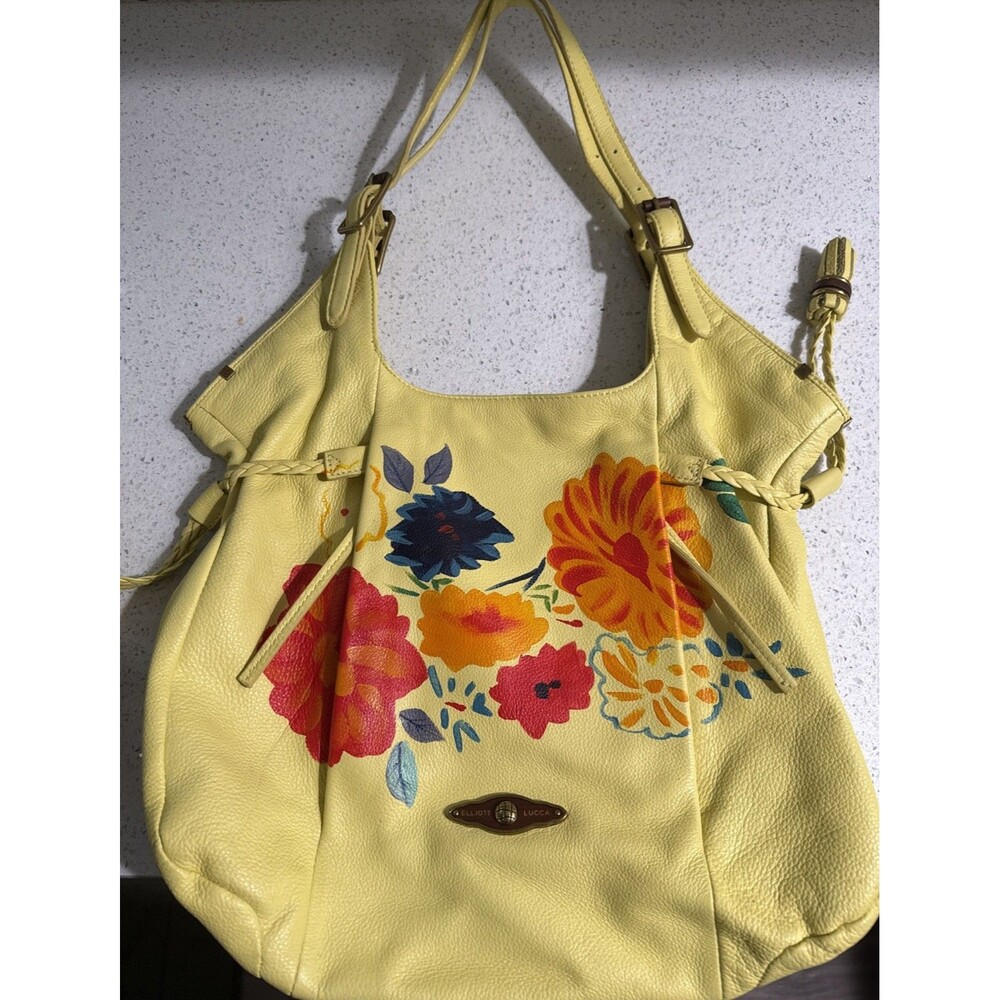 Elliott Lucca Leather Purse Yellow Hand Painted w/ Wood Gold Accents Soft EUC